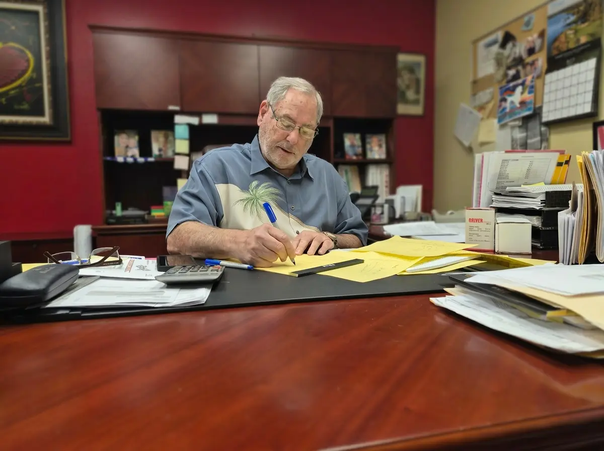 About-History Older man sitting at a desk in an office, writing on yellow papers with a pen, surrounded by documents, folders, and office supplies.