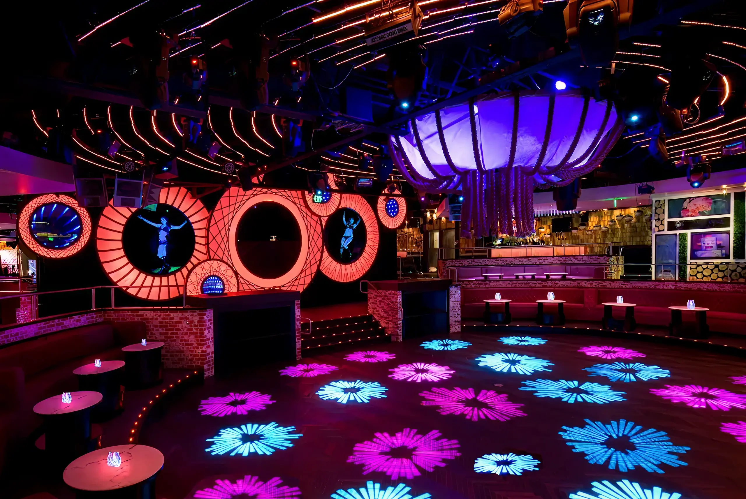 Neon-lit nightclub with circular LED panels, a jellyfish-inspired ceiling light, and rotating floral floor projections in a dark, vibrant atmosphere.
